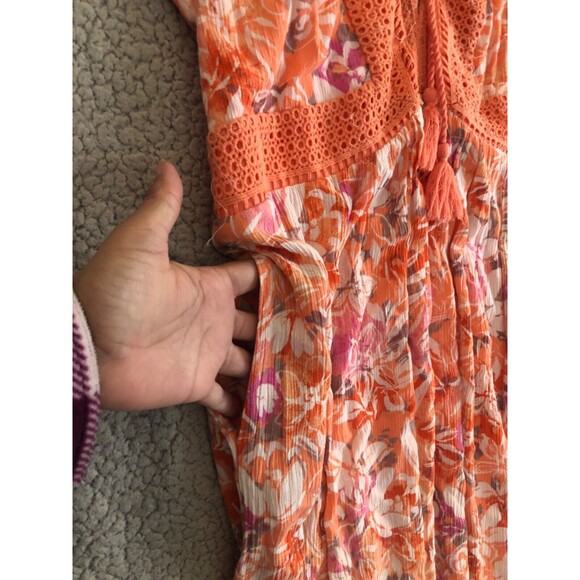 Torrid Women’s Size 0 (12 Large) Floral Maxi Dress Orange Pink Boho Crochet Trim - Picture 15 of 16